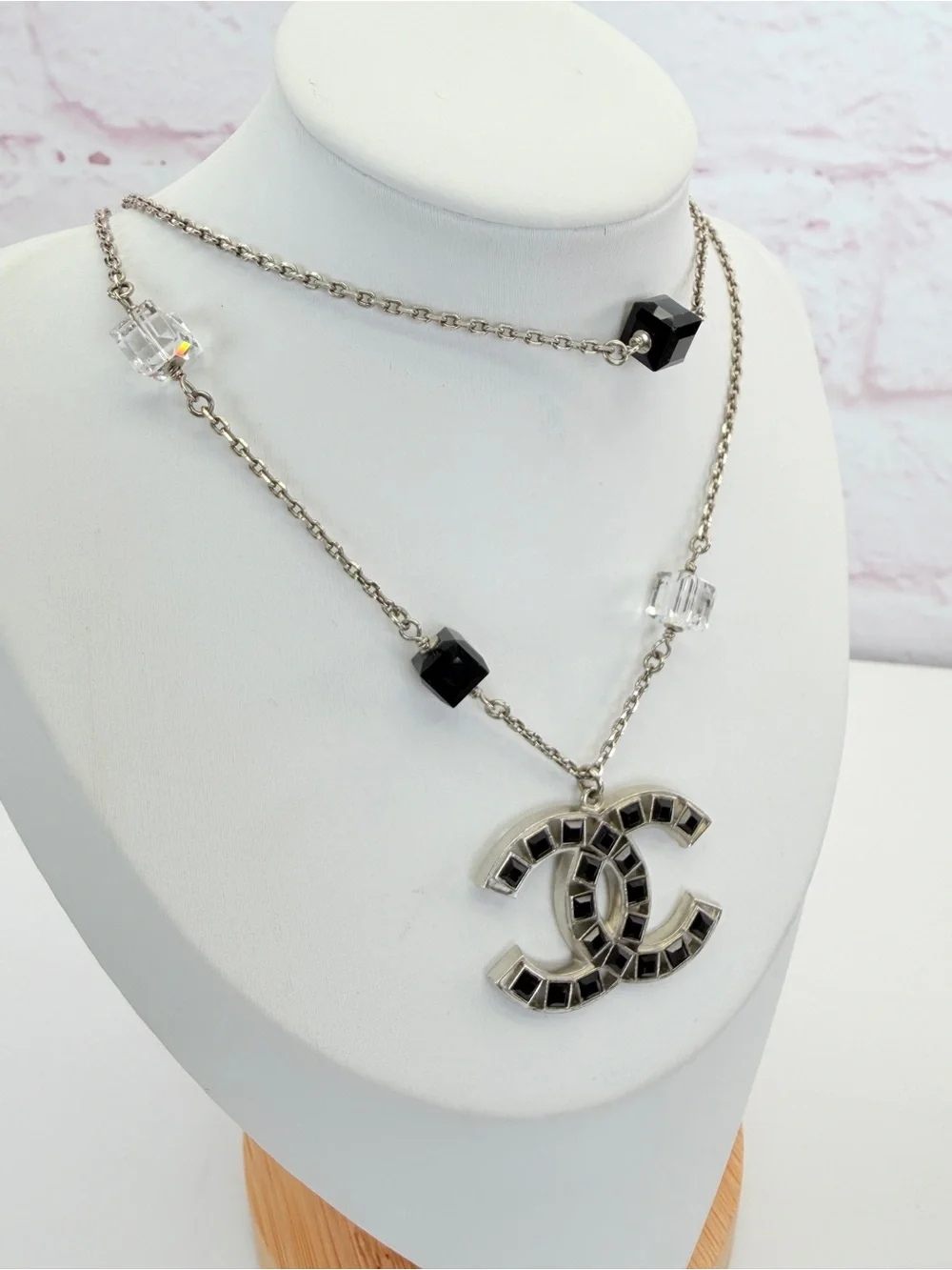 Chanel Layered Long Necklace in Silver-Tone Metal and Crystal Beads